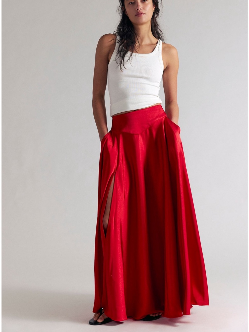 Free People Chico Maxi Skirt Sz 8 Salsa Red NWT Pockets Satin Shiny Slit